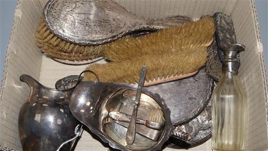 Six silver-mounted dressing table items, a Georgian helmet-shaped cream jug (a.f.), a silver sauce boat and other items.